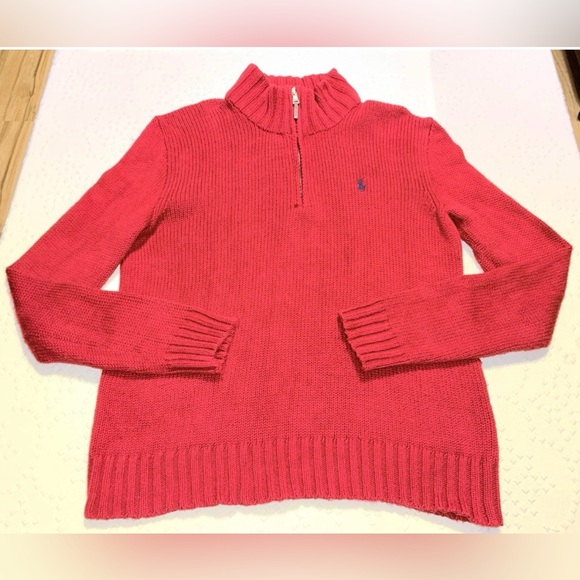 Y2K Polo Ralph Lauren Red Quarter Zip Sweater Men’s Small Leather Pull - Picture 1 of 13